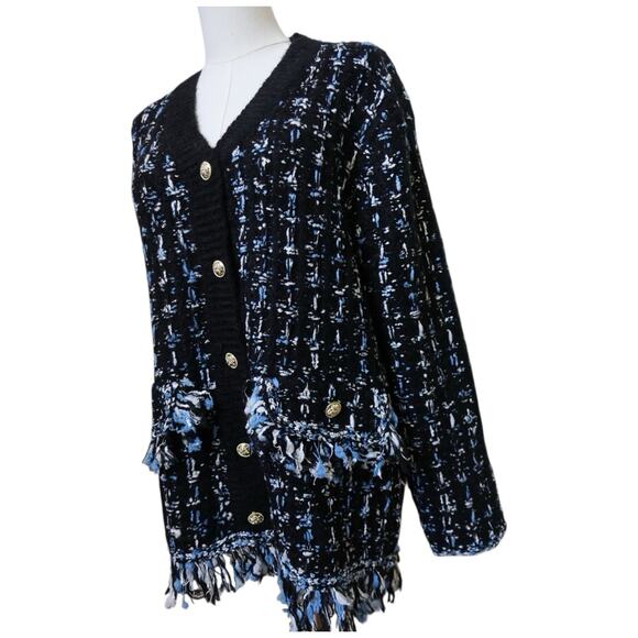 Anthropologie Tweed Fringe Oversized Cardigan Sweater Size S - Picture 6 of 12